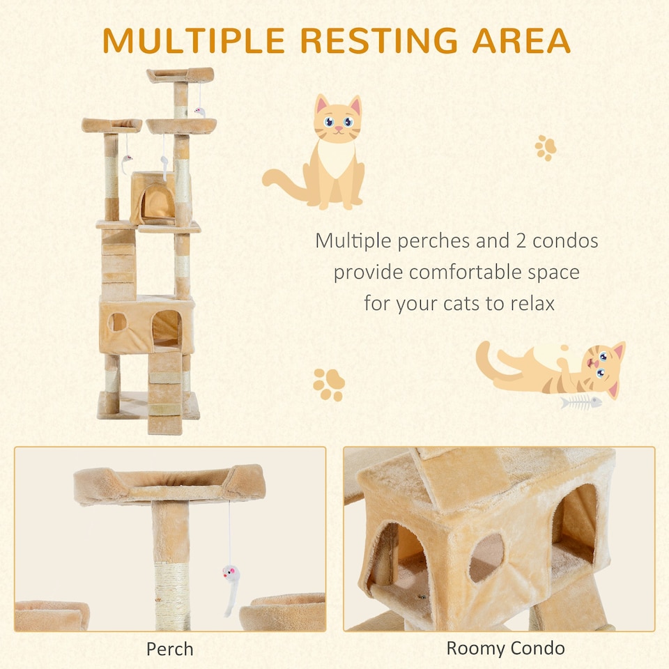 image 1 of PawHut 173cm Cat Tower Scratching Post Activity Centre for Indoor Cream