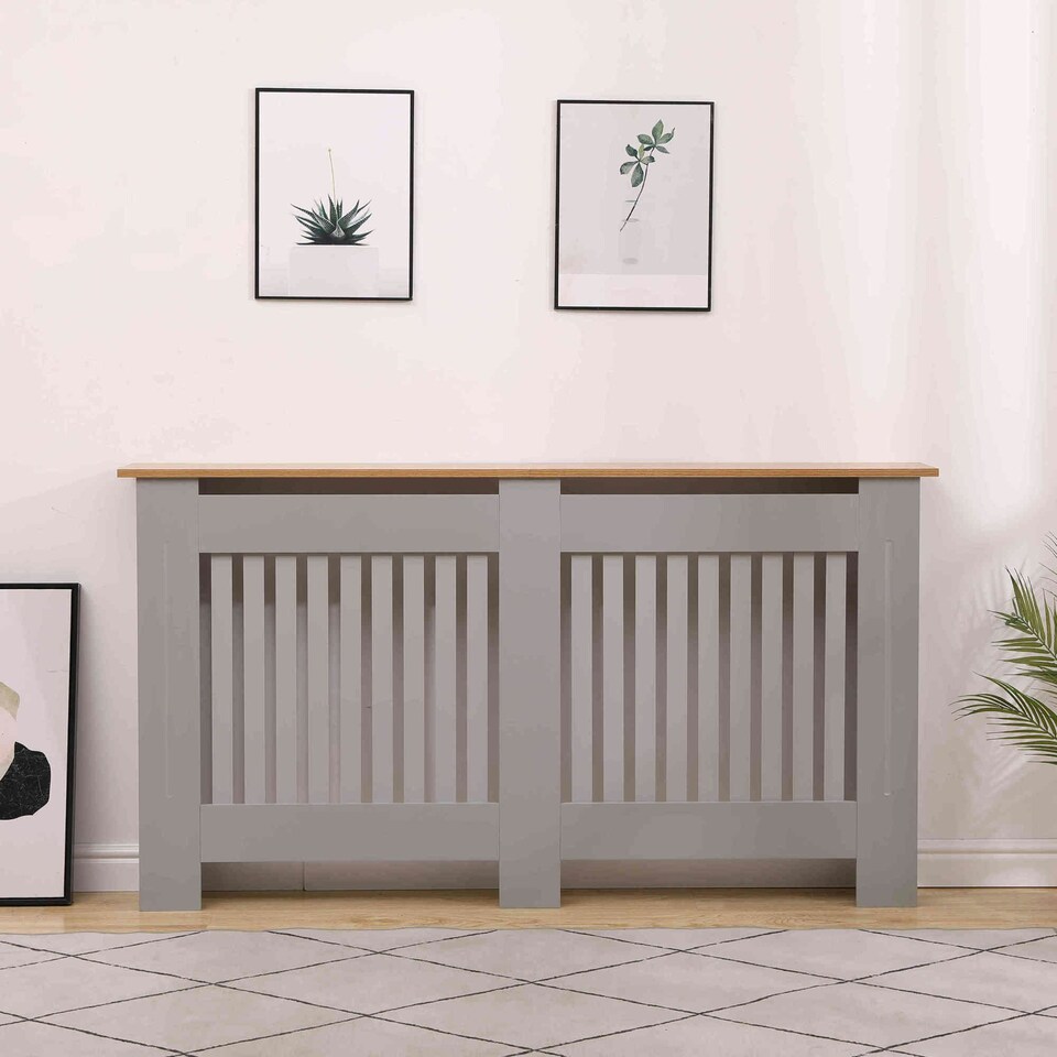 image 1 of Oypla Large Grey Wooden Slatted Grill Radiator Cover MDF Cabinet