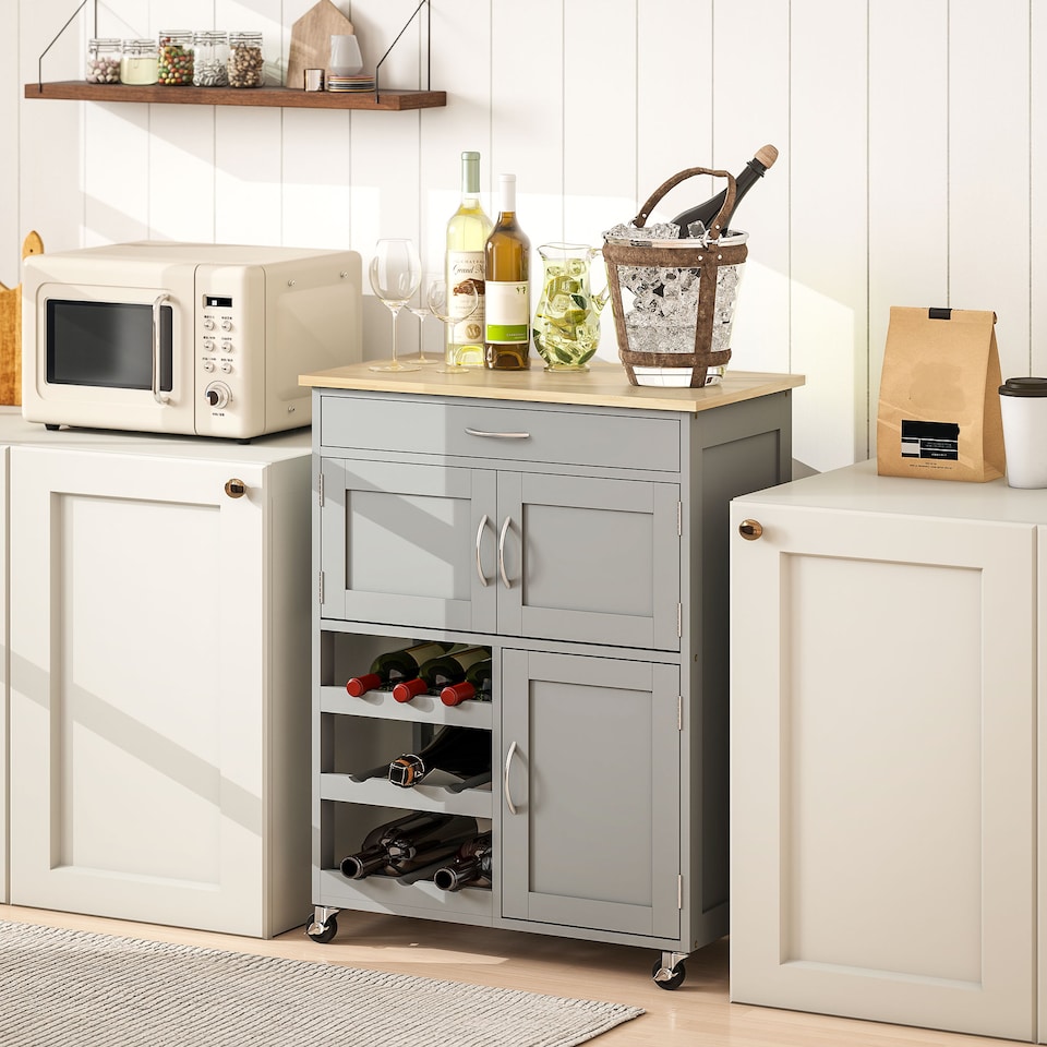 image 1 of HOMCOM Modern Kitchen Trolley, Rolling Island Storage Cart with Drawer, 9-bottle Wine Rack, Door Cabinets, Wooden Countertop, Grey