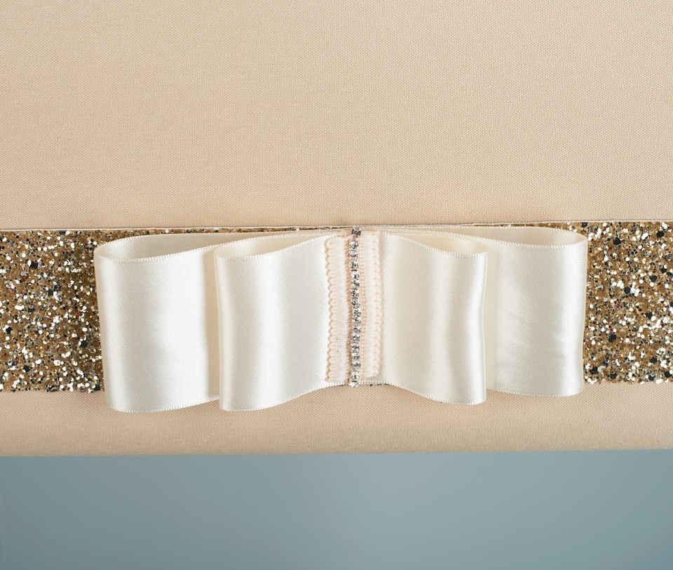 image 1 of FURNISHED Blackout Roller Blind with Gold Glitter Trim and Cream Bow Cut to Size | Brown | Cappuccino | (W) 90cm x (L) 210cm