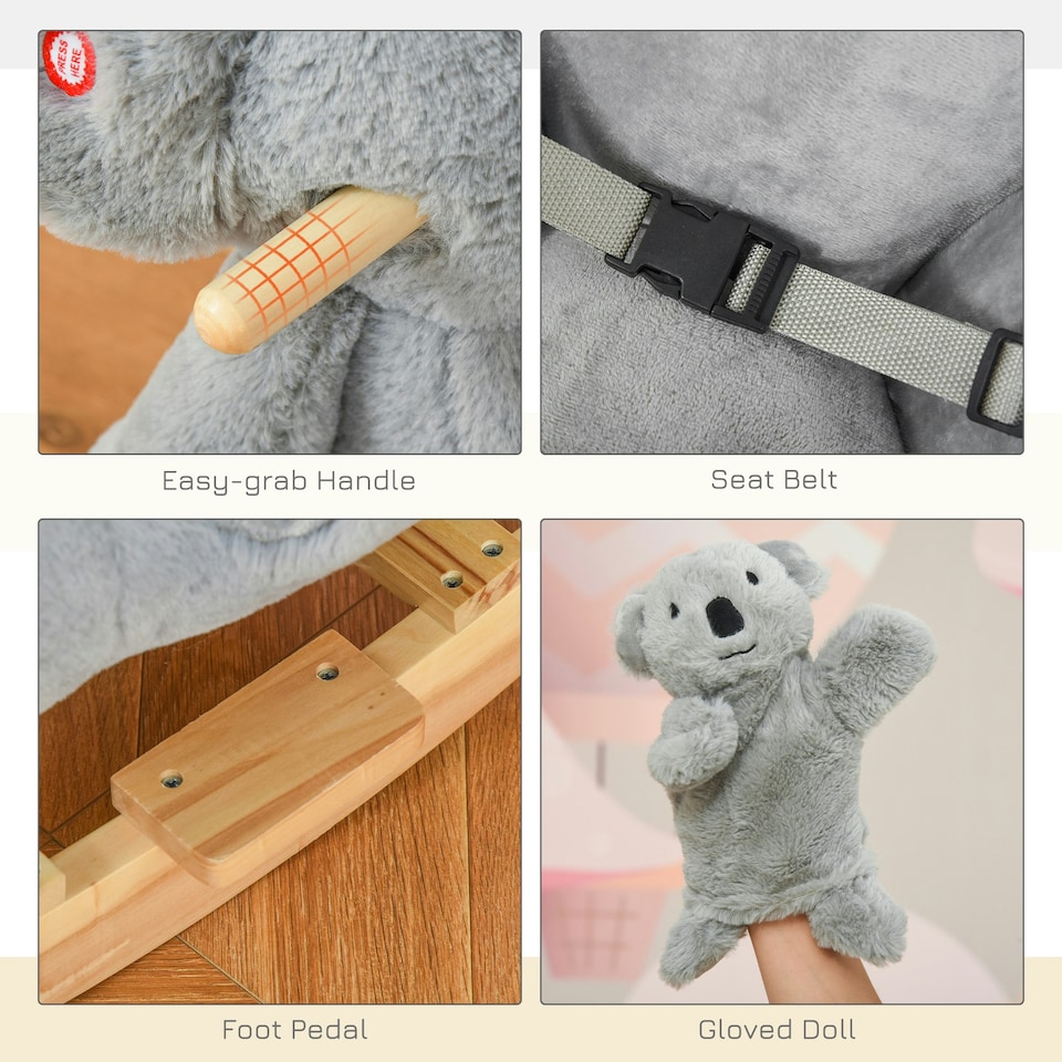 image 1 of HOMCOM Kids Plush Ride-On Rocking Horse Koala-shaped Toy w/ Gloved Doll Grey