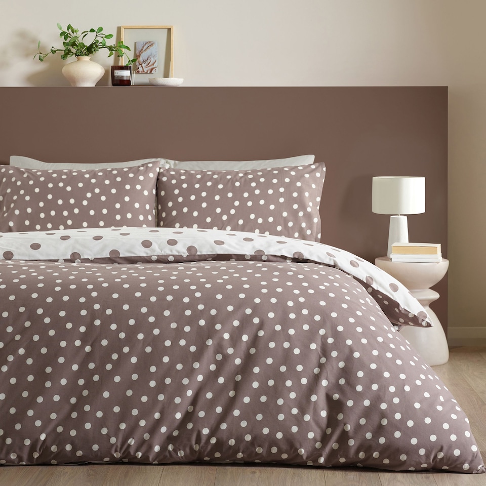 image 1 of Catherine Lansfield Polka Dot Reversible Duvet Cover Set | Brown | Chocolate | Double