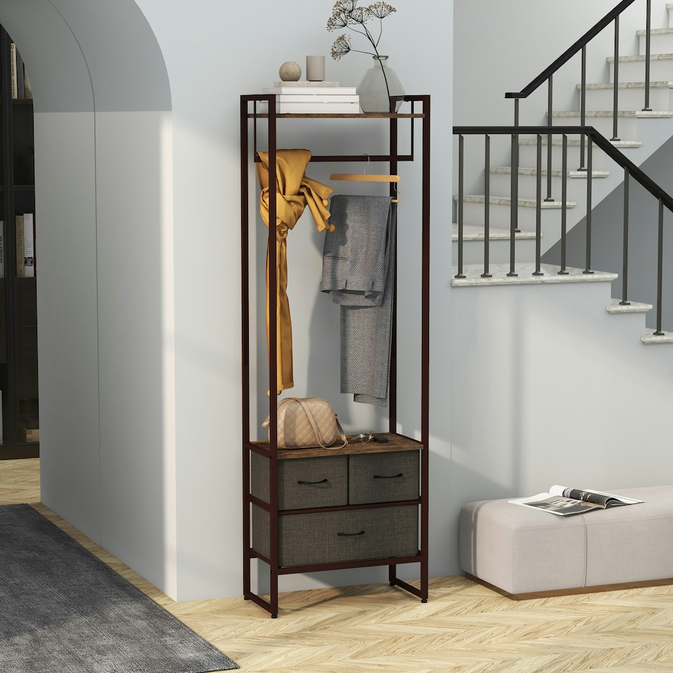 image 1 of HOMCOM Clothes Hanging Rail with 3 Fabric Drawers Storage Shelves for Hallway