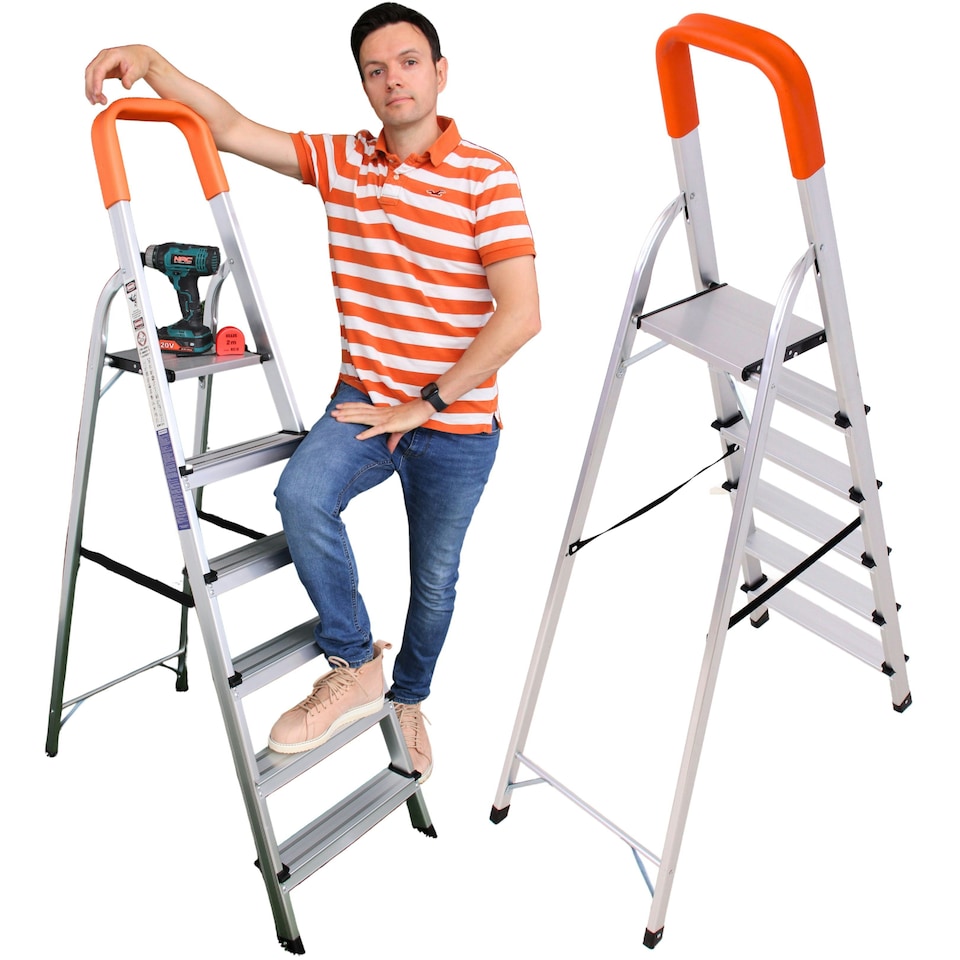 image 1 of Lightweight Step Ladders - Compact Aluminium Stepladder with Non-Slip Wide Step, Portable Silver Color - Tall Folding Ladder with Platform Silver | Orange | 6 - Step 167 cm