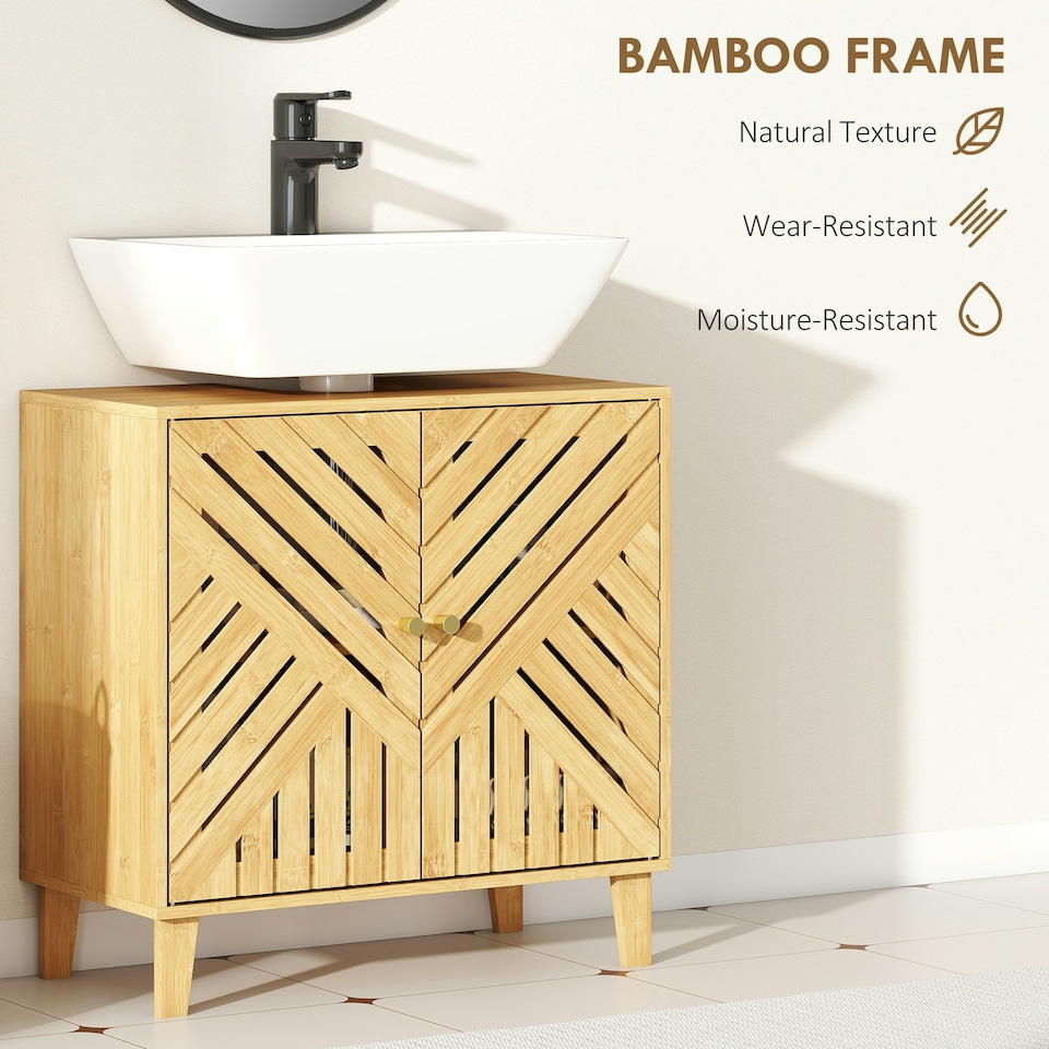 image 1 of HOMCOM Bamboo Bathroom Under Sink Cabinet with Adjustable Shelf, Natural Brown