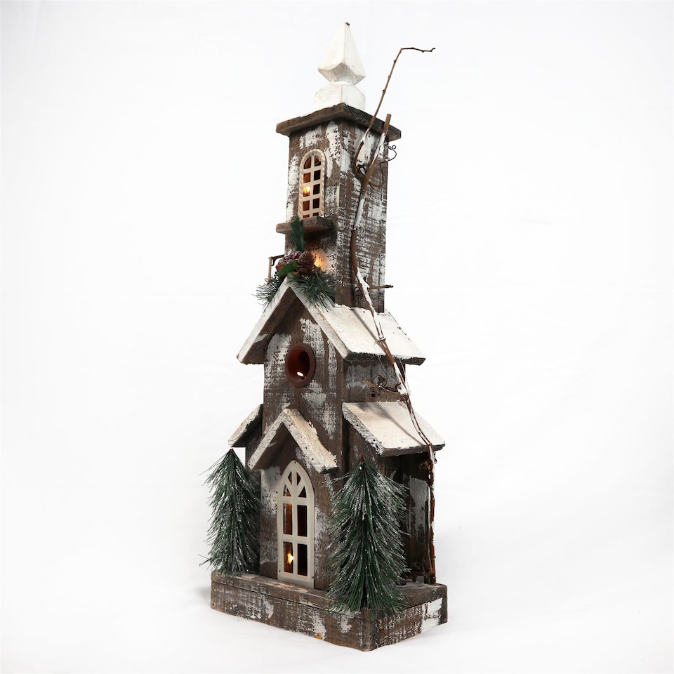 image 1 of Christmas Decoation Battery Operated Wooden House Tabletop Decorated with Berries, Pines and Small Warm White Bulbs