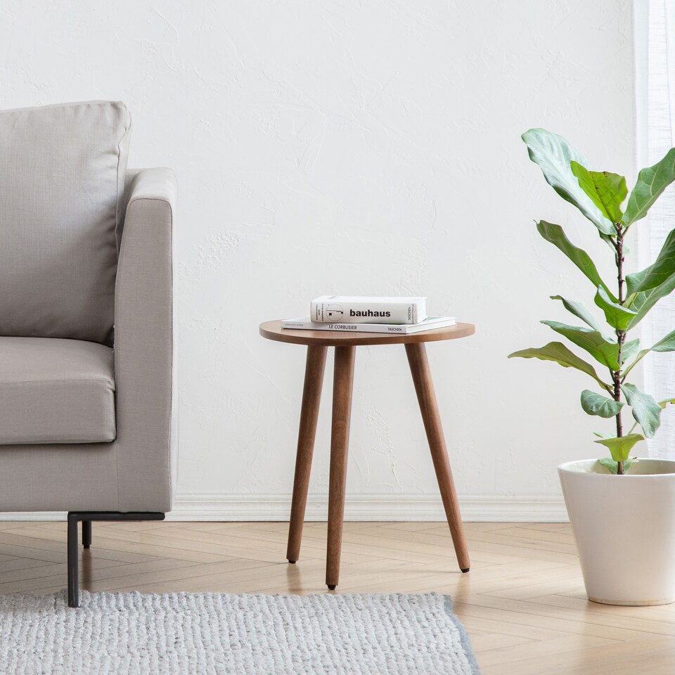 image 1 of MH London Tora Triangle Side Table, Mango Wood End Table with Tripod Legs