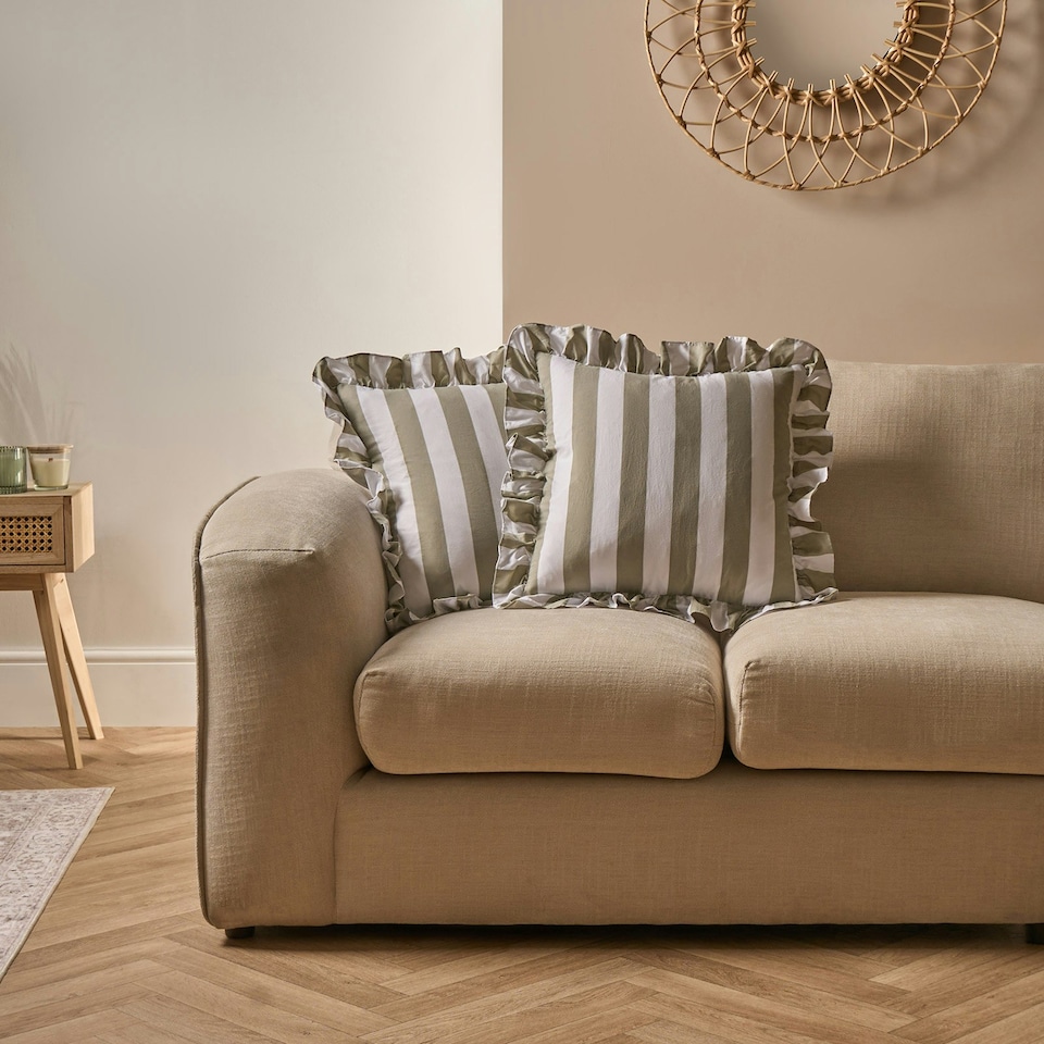 image 1 of OHS 2 Pack Stripe Frill Edge Soft Plush Cosy Cushion Covers Green | Sage