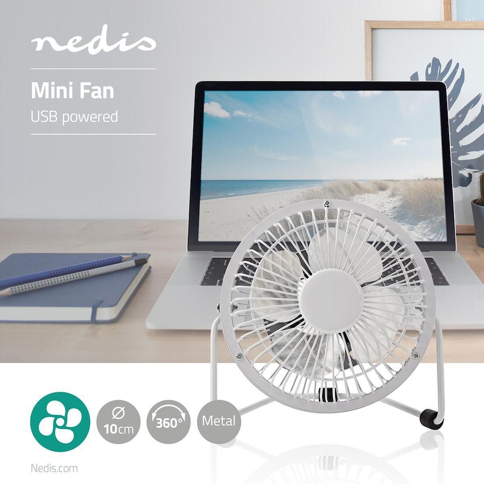 image 1 of Nedis 10cm Mini USB Powered Tilting Desk Fan with Metal Shell and Aluminium Blades, 360° Rotation, On/Off Switch - White