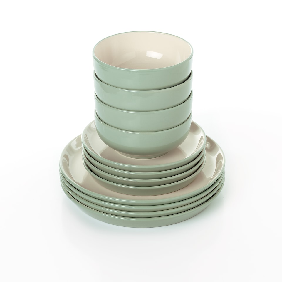 image 1 of Waterside 12pc 2tone Green/Cream Stoneware Dinner Set