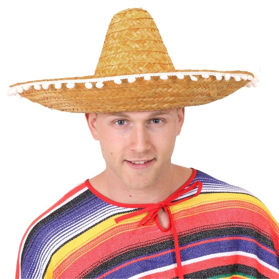 image 1 of Orange Mexican Sombrero – Fancy Dress Hat with Pom-Pom Trim Yellow | One Size