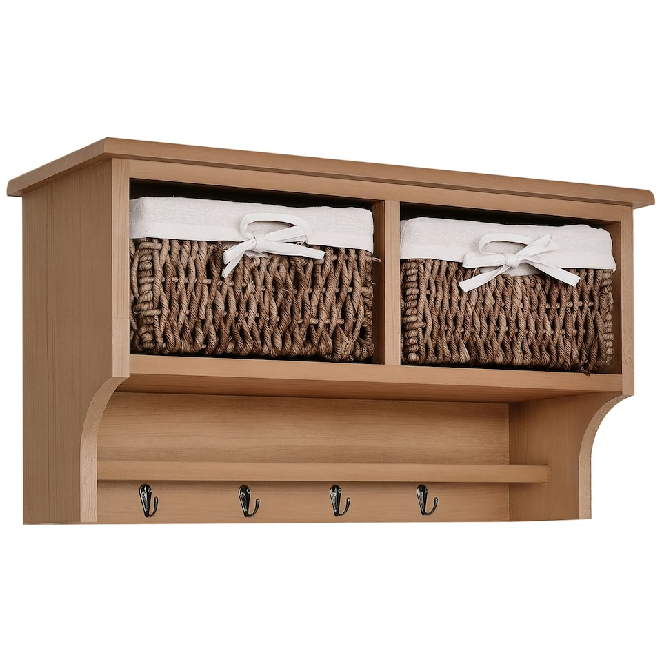image 1 of HOMCOM Entryway Coat Rack Wall Mounted Shelf Hooks 2 Baskets Brown