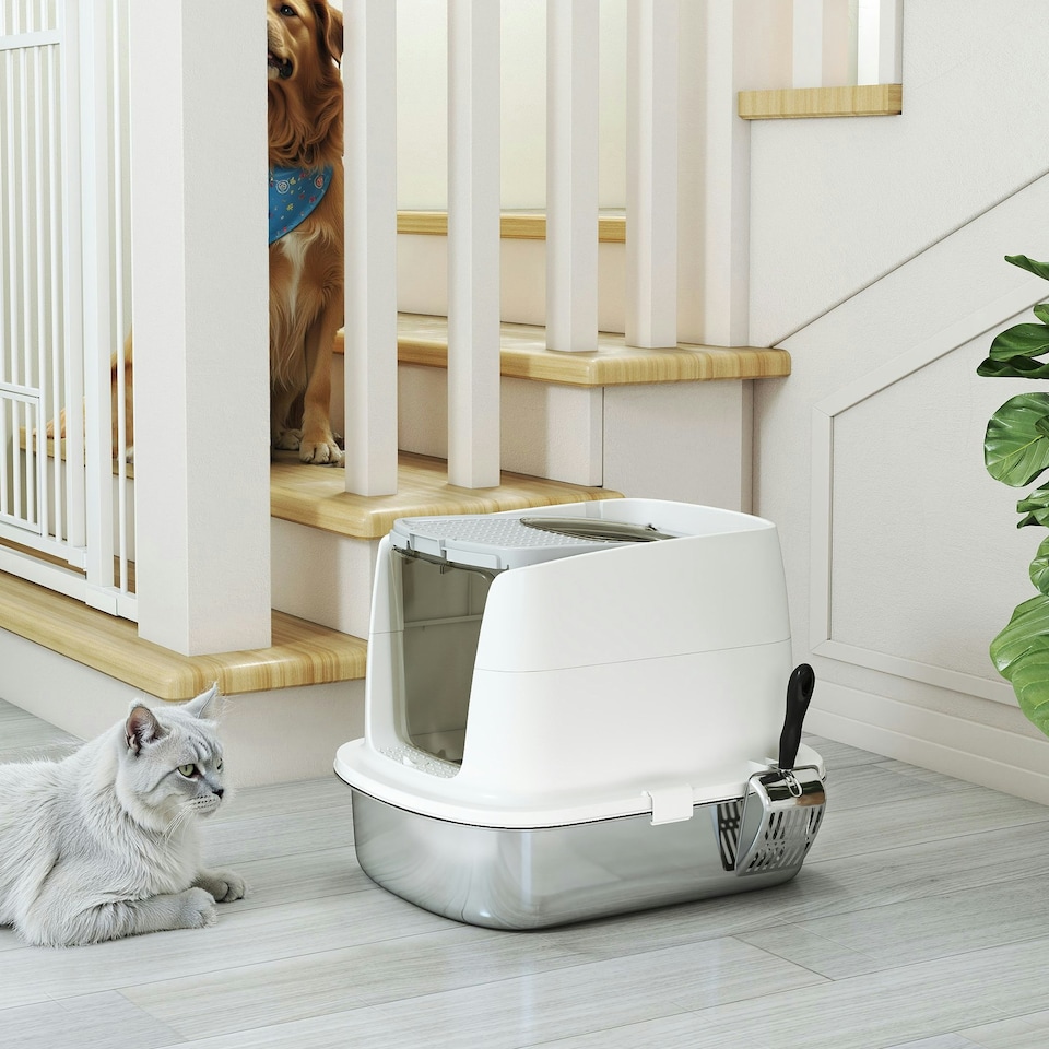 image 1 of PawHut Stainless Steel Litter Box, Enclosed Metal Cat Litter Tray with Scoop White | One Size