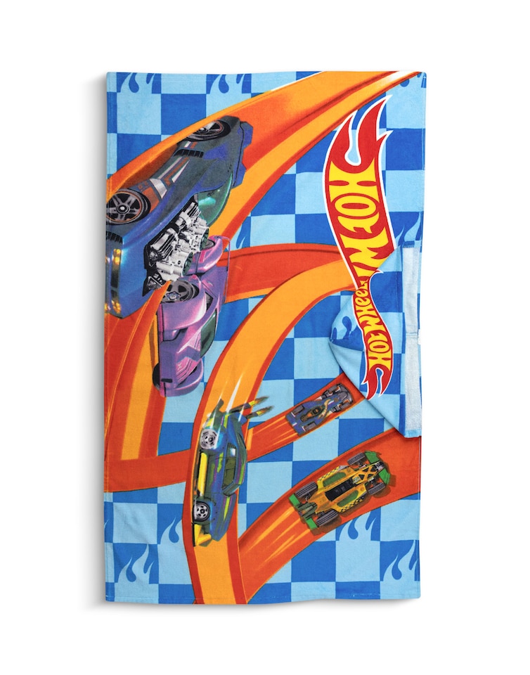 image 1 of Hot Wheels Race Track Boys Blue Poncho Towel | Hooded Beachwear with Multi-Car Graphics & Checkered Pattern | Poolside Cover-Up | After-Bath Towel for Kids | Hot Wheels Merch