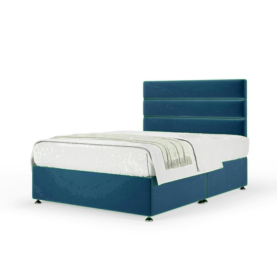 Marine Blue Plush Velvet No Drawer Divan Base and Milan Headboard Super King