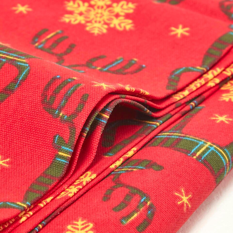 image 1 of Homescapes Red Reindeer 100% Cotton Christmas Tablecloth - 178 x 305 cm | Red | 178cm x 305cm (70" x 120")