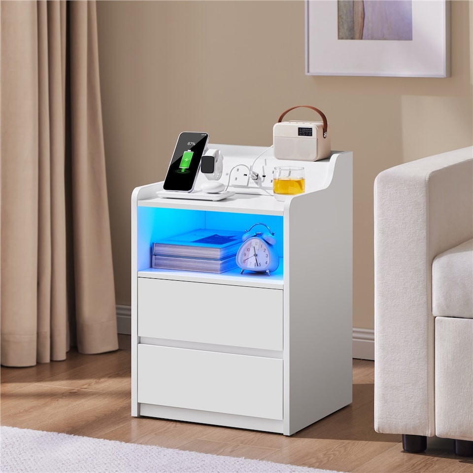 image 1 of Yaheetech Set of 2 Bedside Tables with 2 Storage Drawers and Open Compartment-White
