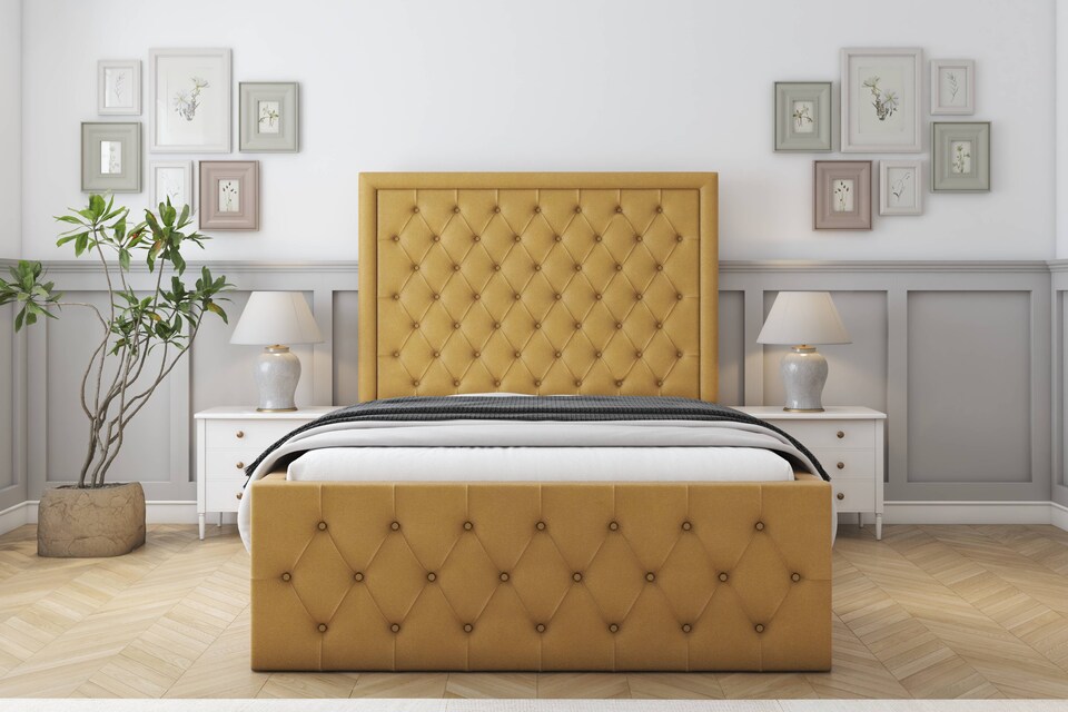 image 1 of Sloomy Vienna Mustard Plush Special Bed Frame. With 50" Upholstered Headboard 3' Single