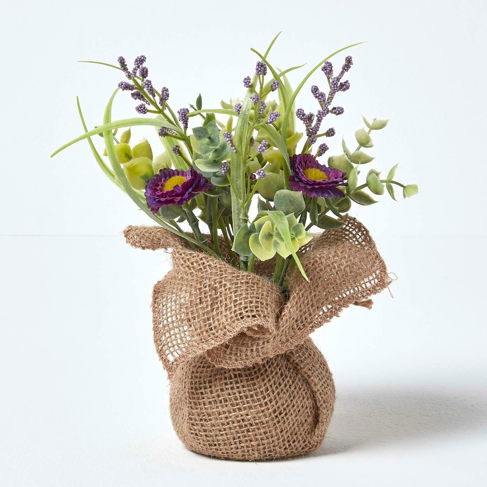 image 1 of Homescapes Set of 3 Pink, Purple & Yellow Artificial Daisies in Rustic Burlap Pots