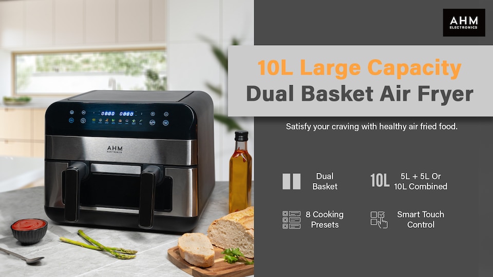 image 1 of AHM Electronics Air Fryer - 10L Multi Basket with Dual Cook, 3 in 1 Basket Combination, 8 Cooking Presets, Large Viewing Window,