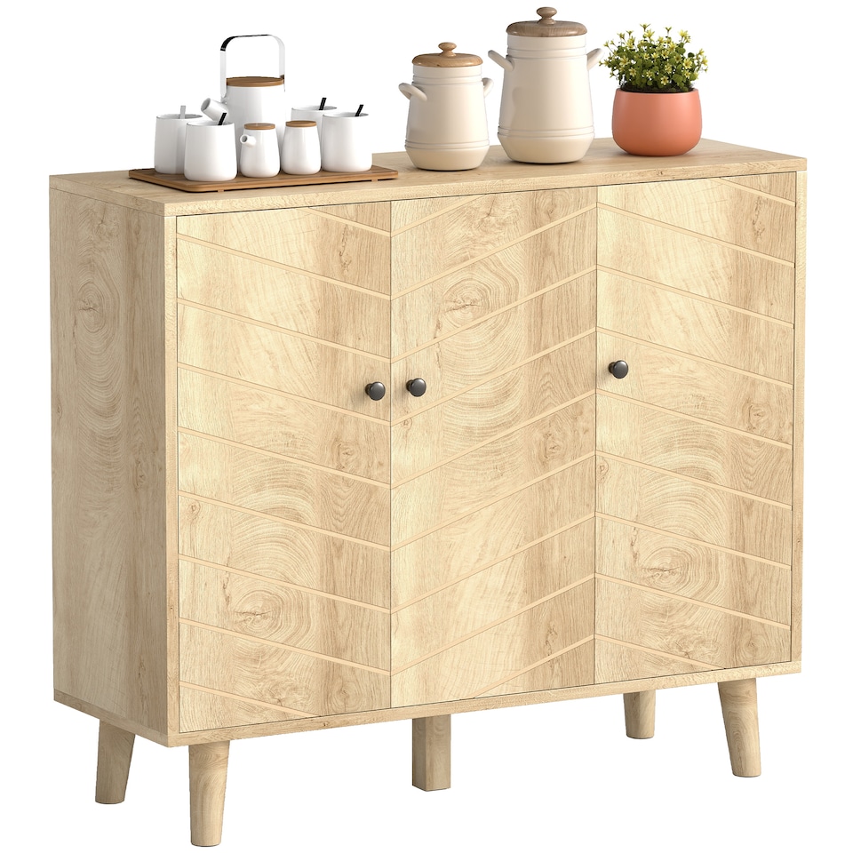 image 1 of HOMCOM Vintage Sideboard Cabinet with 3 Chevron Doors, Natural Wood Finish