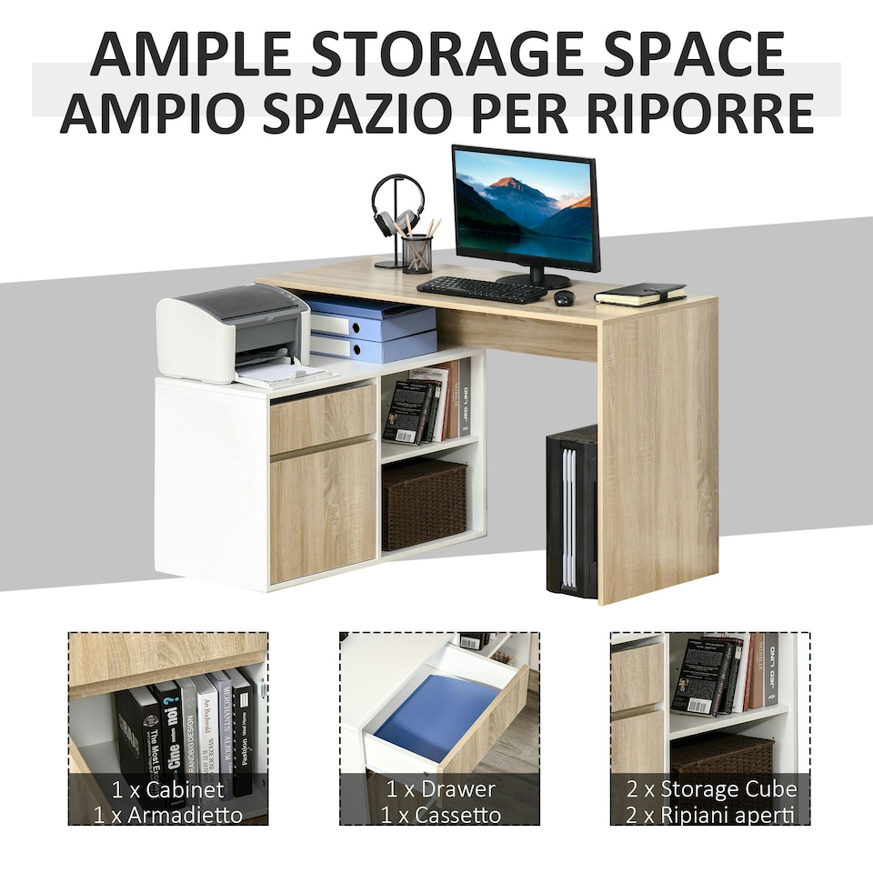 image 1 of HOMCOM L-Shaped Corner Computer Desk Study Table w/ Storage Shelf Drawer Office