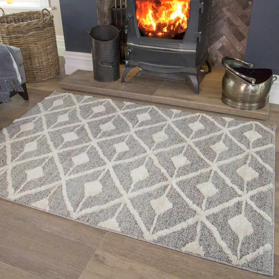 image 1 of KUKOON Grey Cream Diamond Loop Pile Living Room Area Rug 80cm x 150cm