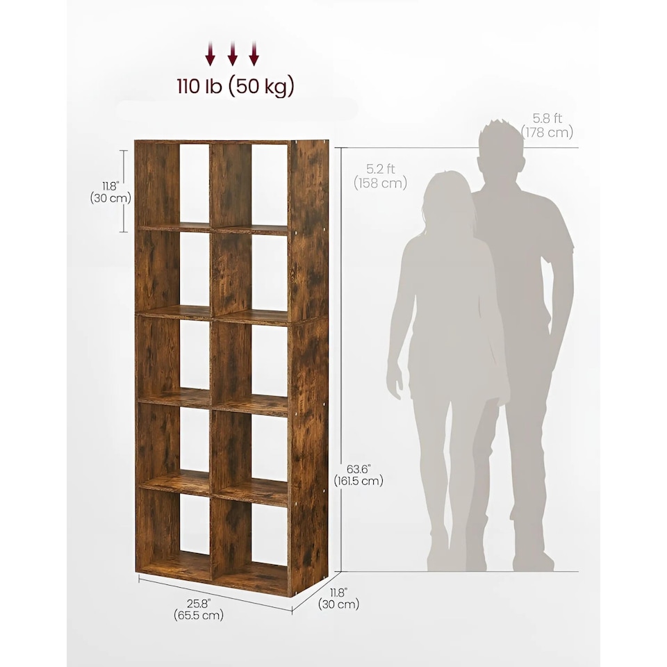 image 1 of 10-Tier Industrial Bookshelf Storage Rack, Large Capacity Shelving Unit, Rustic Brown
