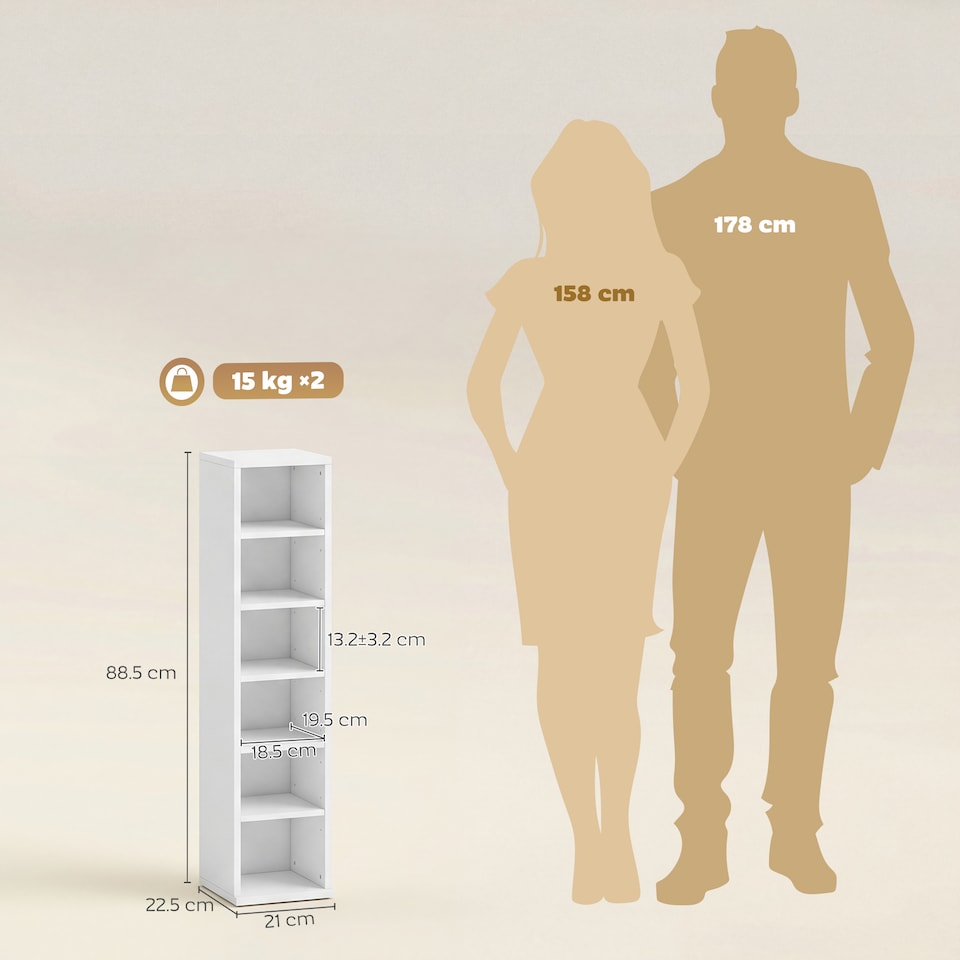 image 1 of HOMCOM Set of 2 CD Storage Units DVD Shelf with Adjustable Shelves | White | White | 21W x 22.5D x 88.5H cm