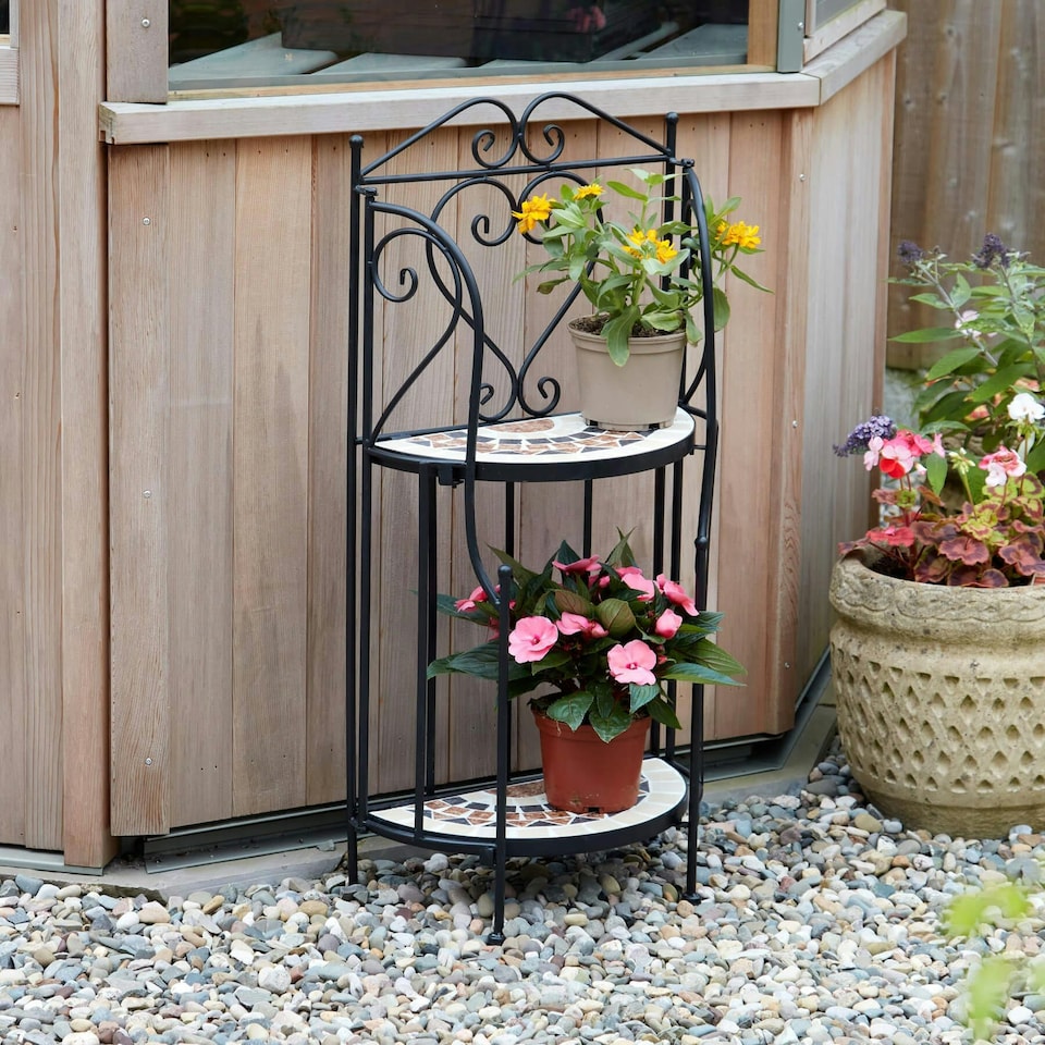 image 1 of 2 Tier Plant Stand Flower Pot Holder Sunflower Mosaic Design Black Metal Frame