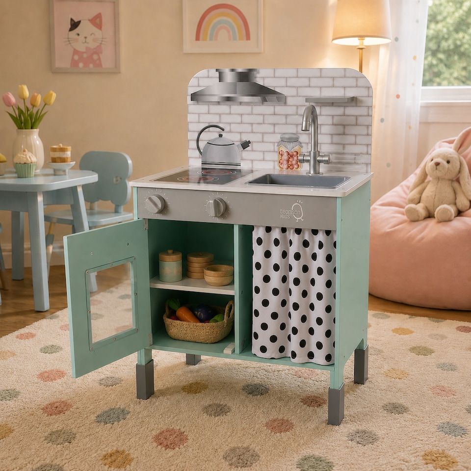 image 1 of Teamson Kids Wooden Play Kitchen, Adjustable Heights, Petrol, Little Chef Philly