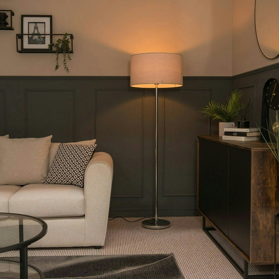 image 1 of ValueLights Modern Floor Lamp In Polished Chrome With Grey Drum Shade