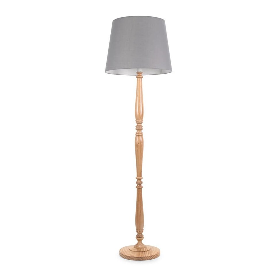 image 1 of ValueLights Victoria Light Wood Traditional Stem Floor Lamp with Grey Fabric Tapered Shade and LED Bulb