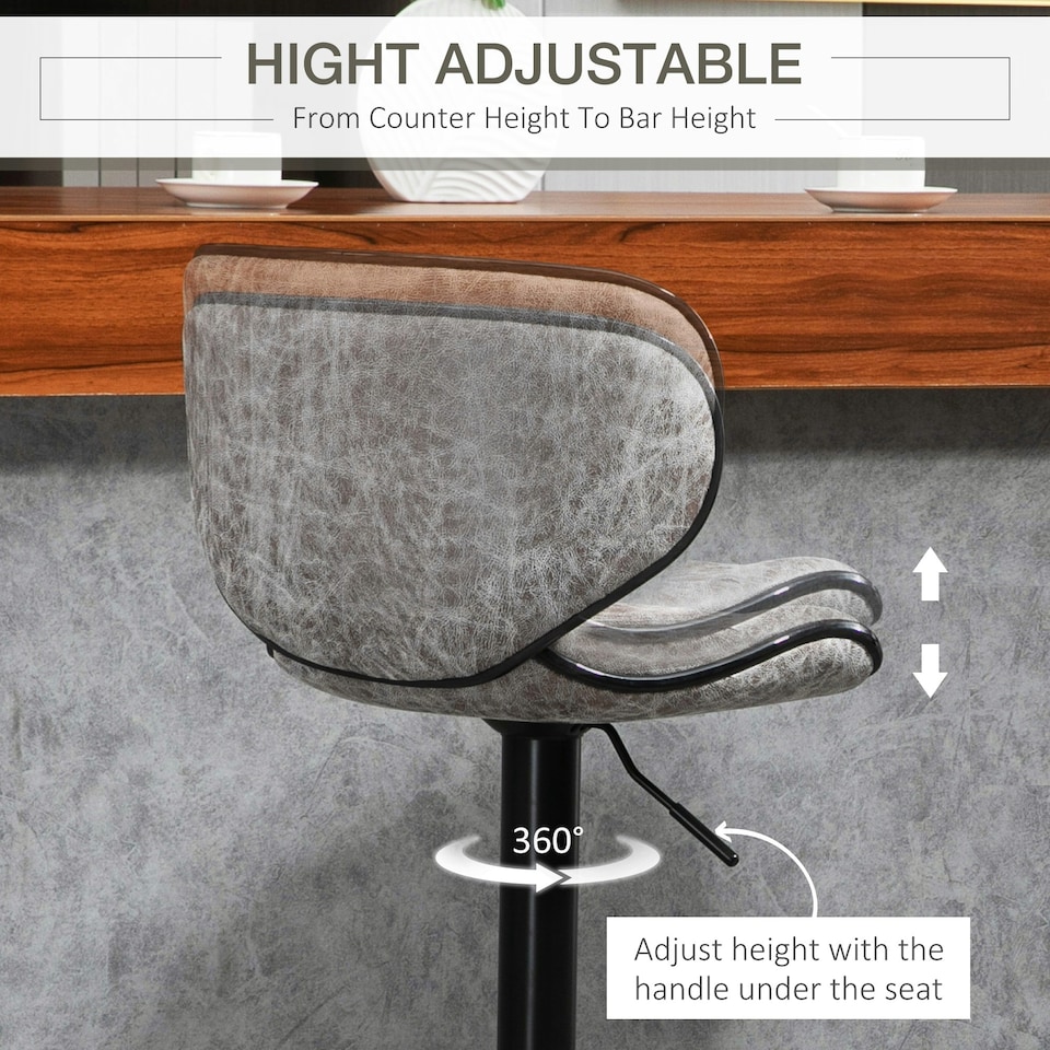 image 1 of HOMCOM Bar Stool Set of 2 Microfiber Cloth Adjustable Armless Chairs Grey