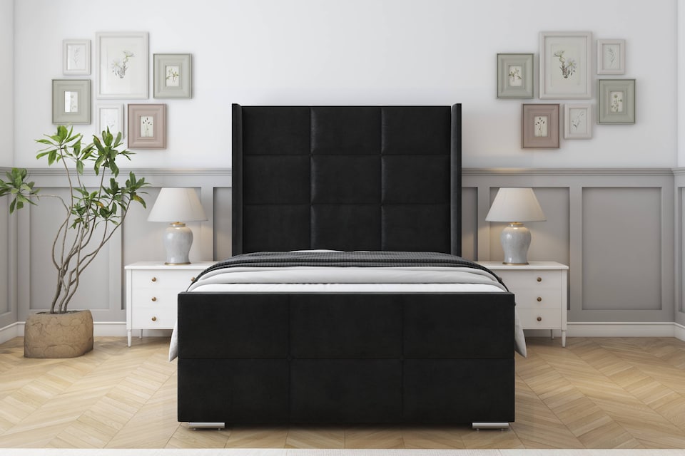 image 1 of Sloomy Beaumont Black Plush Bed Frame With Mattress With 50"  Upholstered Wingback Headboard 2'6 Small Single