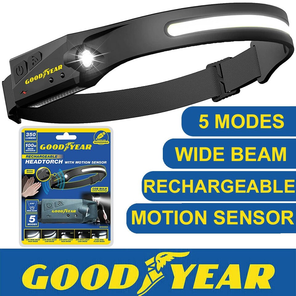 image 1 of Goodyear LED Head Torch Rechargeable Headlamp COB Motion Sensor Waterproof Light
