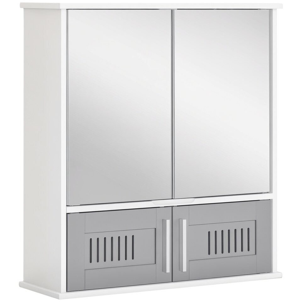 image 1 of kleankin Bathroom Mirror Cabinet, Wall Mounted Storage Cupboard with Double Doors and Adjustable Shelf, Bathroom Organizer, Grey
