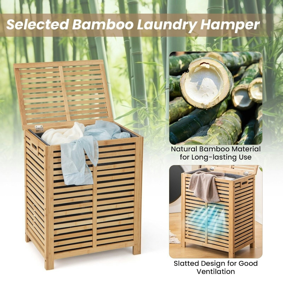image 1 of COSTWAY 80 L Bamboo Laundry Hamper Clothes Laundry Basket Brown