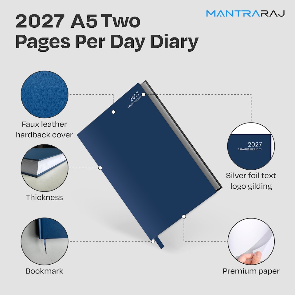 image 1 of MantraRaj 2027 Diary A5 2 Pages A Day Diary Hardback Year Planner Office Desk Diary (Blue)