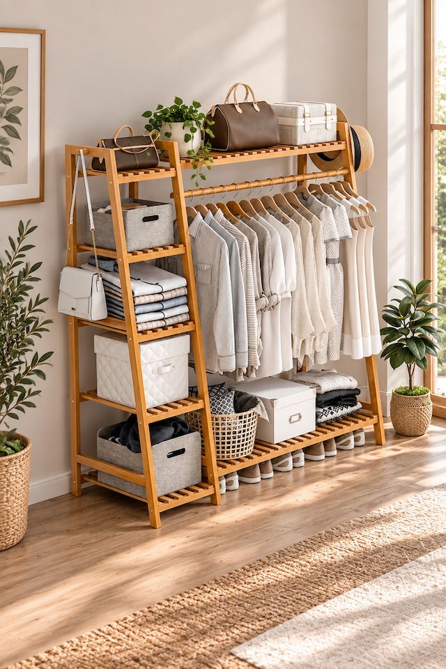 image 1 of Neo Bamboo Rack Clothes with Storage Shelf Hanging Rail and Side Hooks | Brown