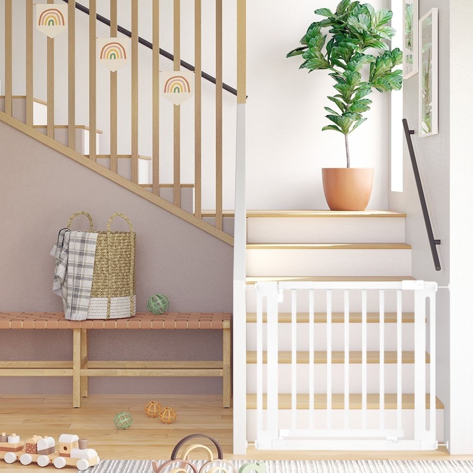 image 1 of Safetots Wooden Elegance Gate, White, 79cm - 87cm, Pressure Fit Safety Gate, 57cm Extra Wide Doorway, Easy Installation