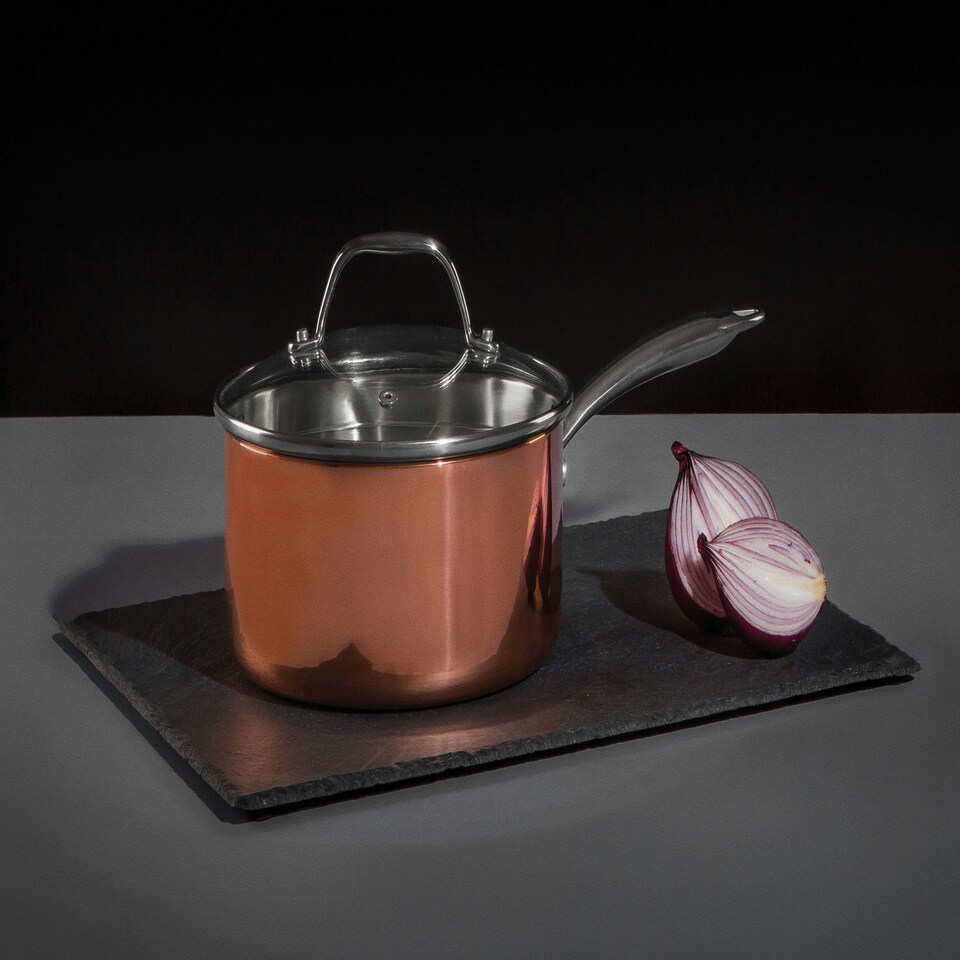 image 1 of Interiors By Premier 18cm Copper Finish Saucepan, Pan With Glass Lid, Tri-Ply Pan Saucepan With Steam Vent, Stylish Saucepan Gold