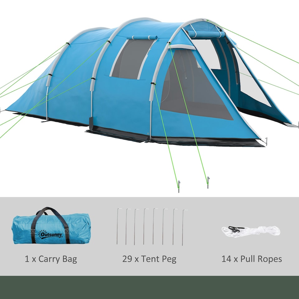 image 1 of Outsunny 3-4 Persons Tunnel Tent, Two Room Camping Tent w/ Windows, Black