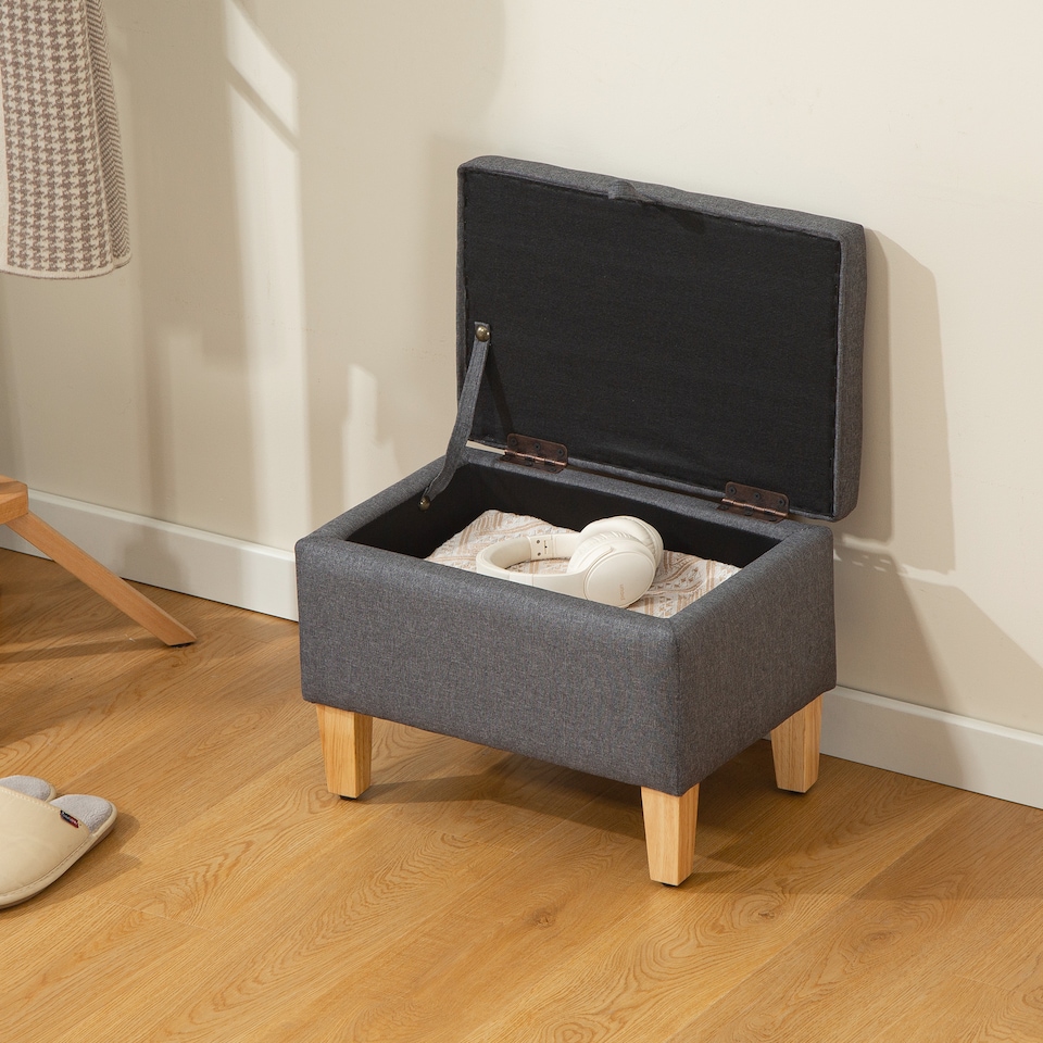 image 1 of HOMCOM Linen Storage Ottoman Storage Box with Rubberwood Legs, Charcoal Grey | Grey