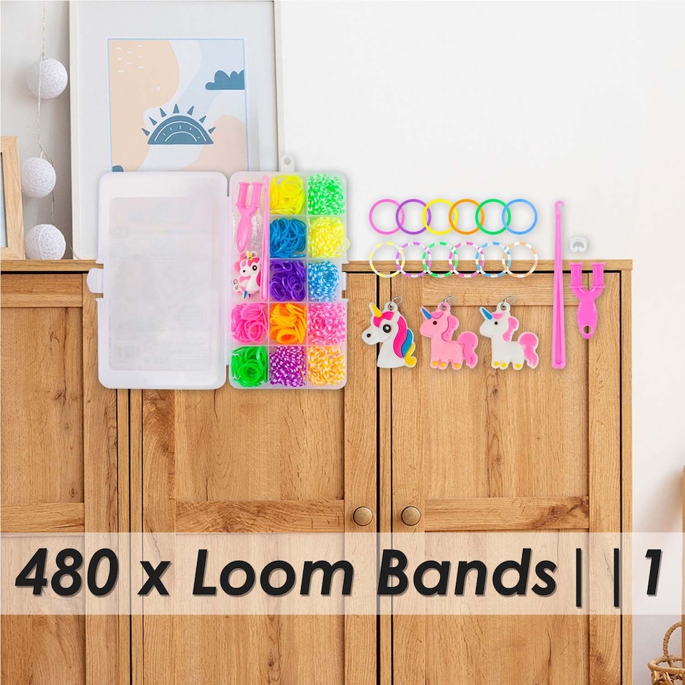 image 1 of PMS Loom Bands 480-Piece Set - Multi Colour with Charms, Tools & Clear Storage Box