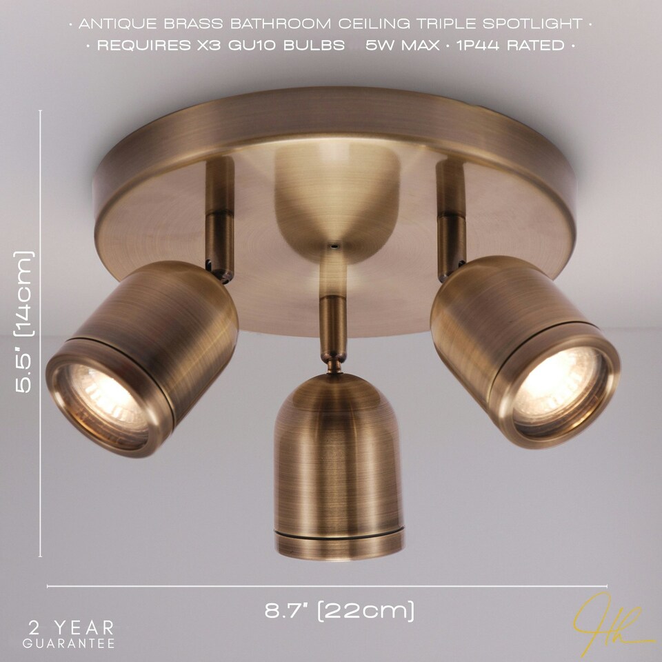 image 1 of Modern Triple Spot IP44 Antique Brass Bath Ceiling Light with Adjustable Heads Gold