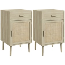 HOMCOM Bedside Table Set of 2, Rattan Side Tables with Drawer, Cabinet and Adjustable Shelf, Boho Bedside Cabinet with Storage for Bedroom, Living Room, Natural Wood Effect