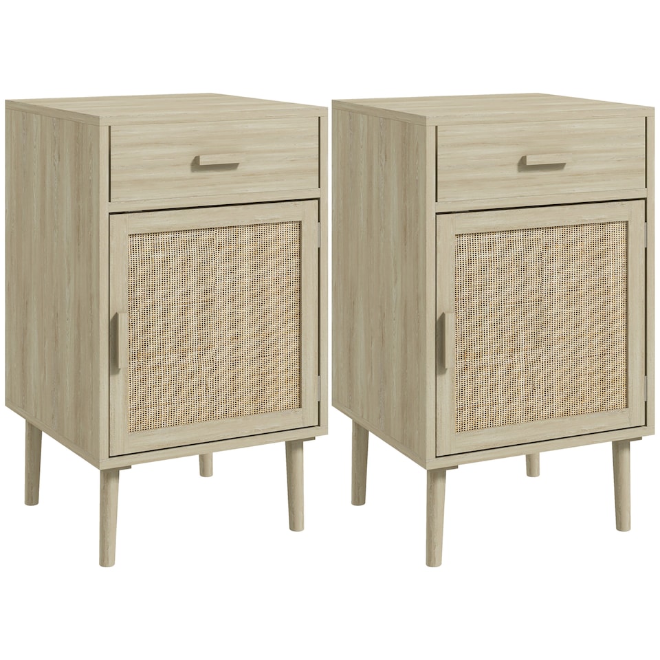 image 1 of HOMCOM Bedside Table Set of 2, Rattan Side Tables with Drawer, Cabinet and Adjustable Shelf, Boho Bedside Cabinet with Storage for Bedroom, Living Room, Natural Wood Effect