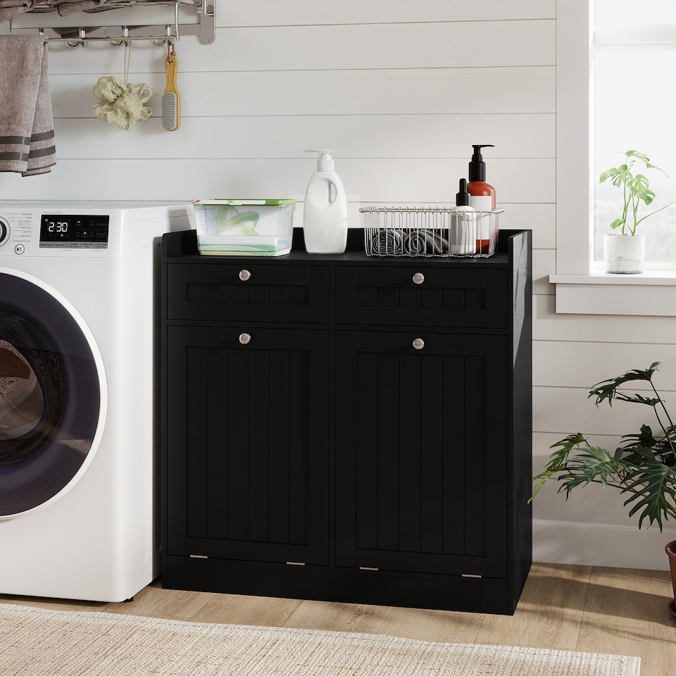 image 1 of COSTWAY Double Tilt-Out Laundry Hamper Cabinet Black