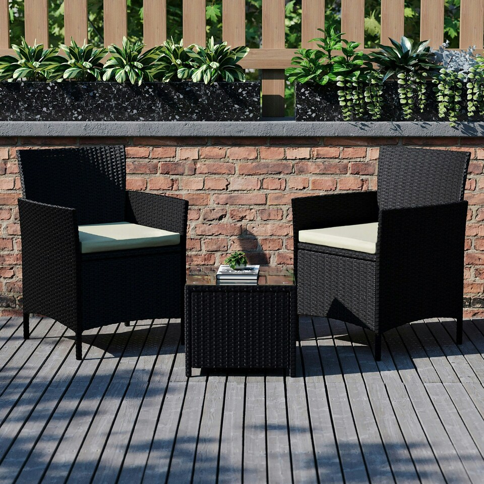 image 1 of Garden Vida Bali 2 Seater Rattan Set Chair Coffee Table Outdoor Garden Furniture, Black